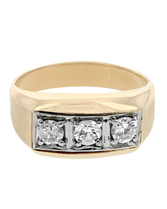 Gentlemen's Three Stone Diamond Ring in White and Yellow Gold